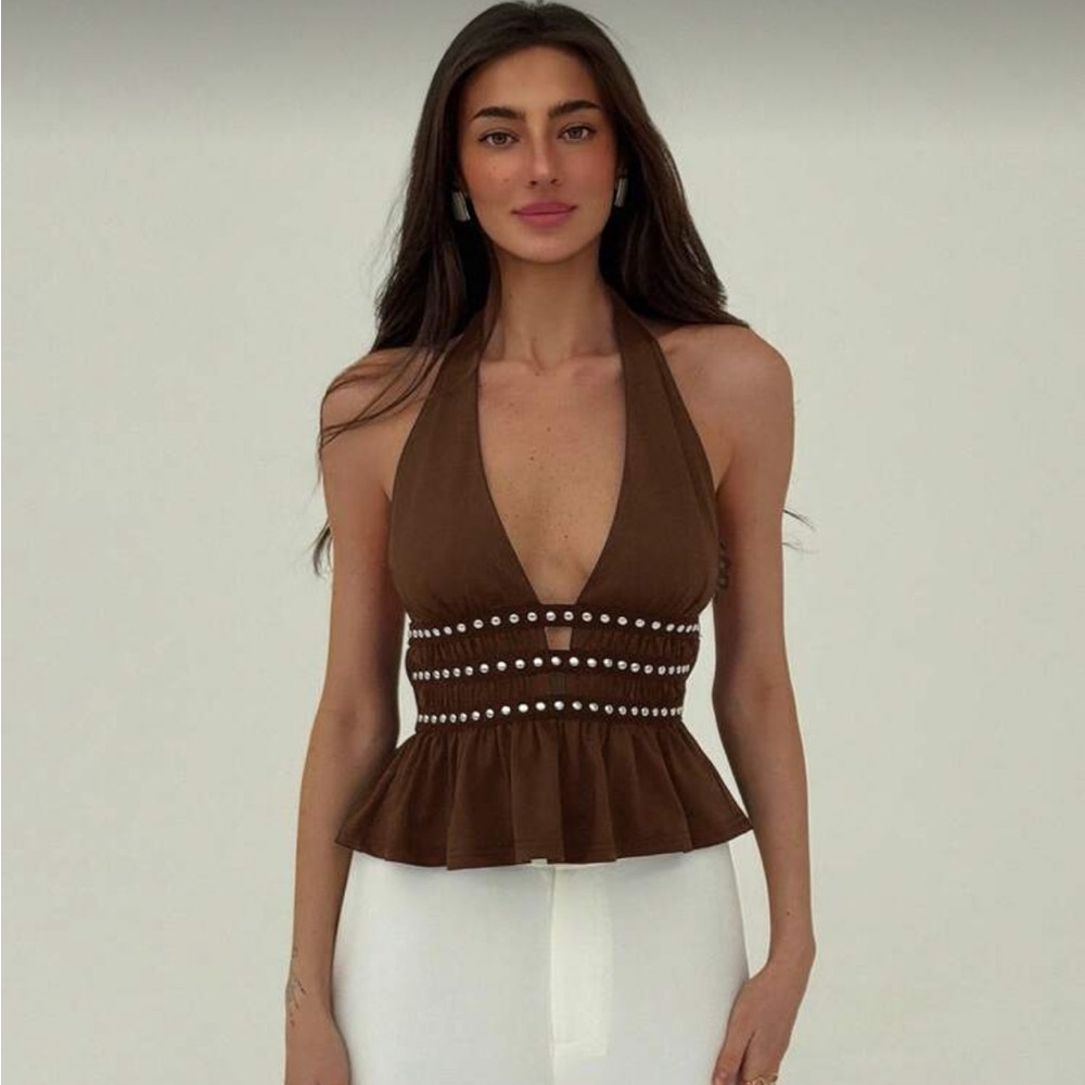 ASOS Black Studded Halter Crop Top - Picture 5 of 7